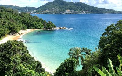 Tropical beach seen from a jungle hillside